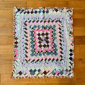 Handmade Vtg Patchwork Quilt 39x33 Diamond Pattern Baby Blanket Multicolor Throw